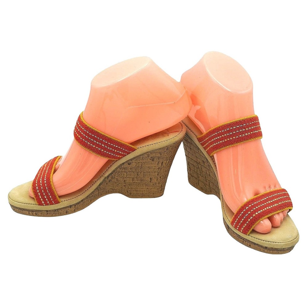 Boho Cherokee Wedge Sandals Womens 6 Red Gold Metallic Stripes Vintage